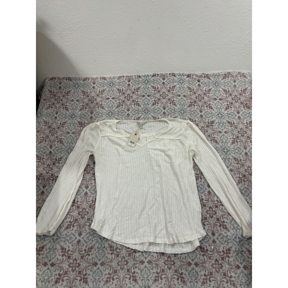 Lucky Brand Womens Cream Waffle Knit Thermal Top Split Neck 7WD61488 Size L